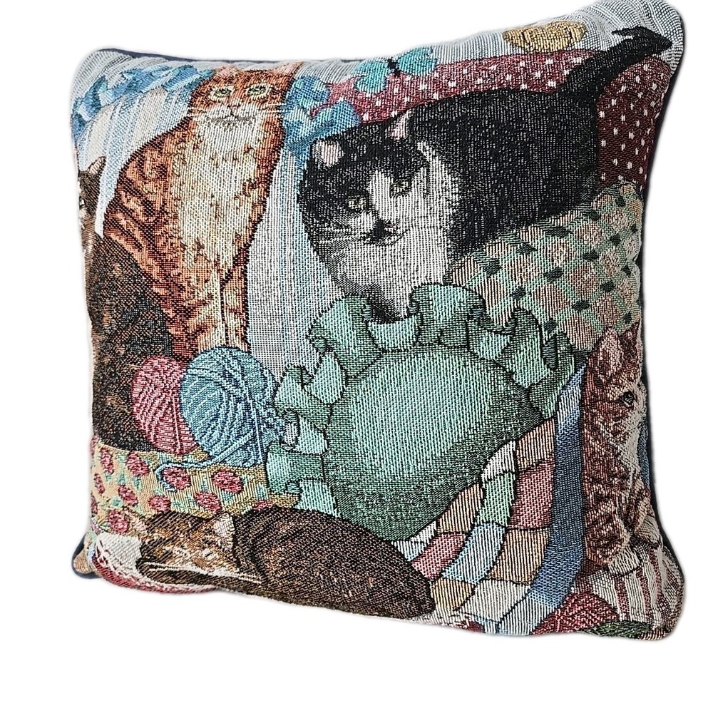 Vtg Tapestry Cat Throw Pillow Yarn Kitten Playful Cottagecore Grannycore
